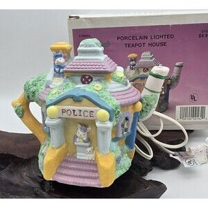 Bunnyville Gardens Easter Spring Ceramic Lighted Police Teapot House Nightlight